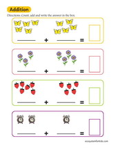 Illustrated addition worksheet for first grade